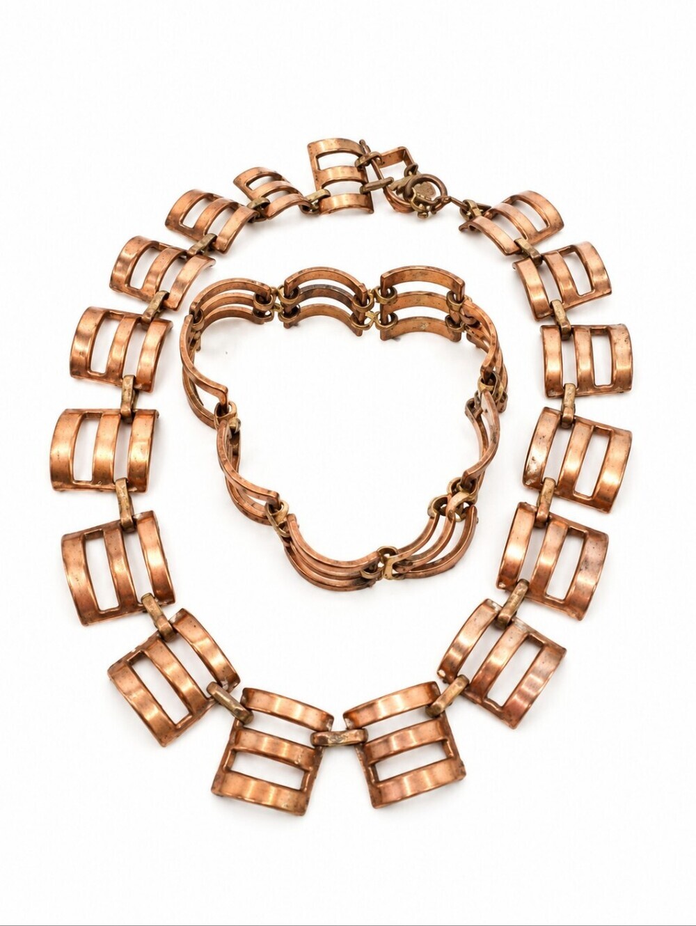 Vintage Copper / Gold Tone Modernist Necklace Bracelet Set Retro Geometric